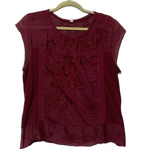 Tiny Anthropologie Dark Red Boho Embroidered Top